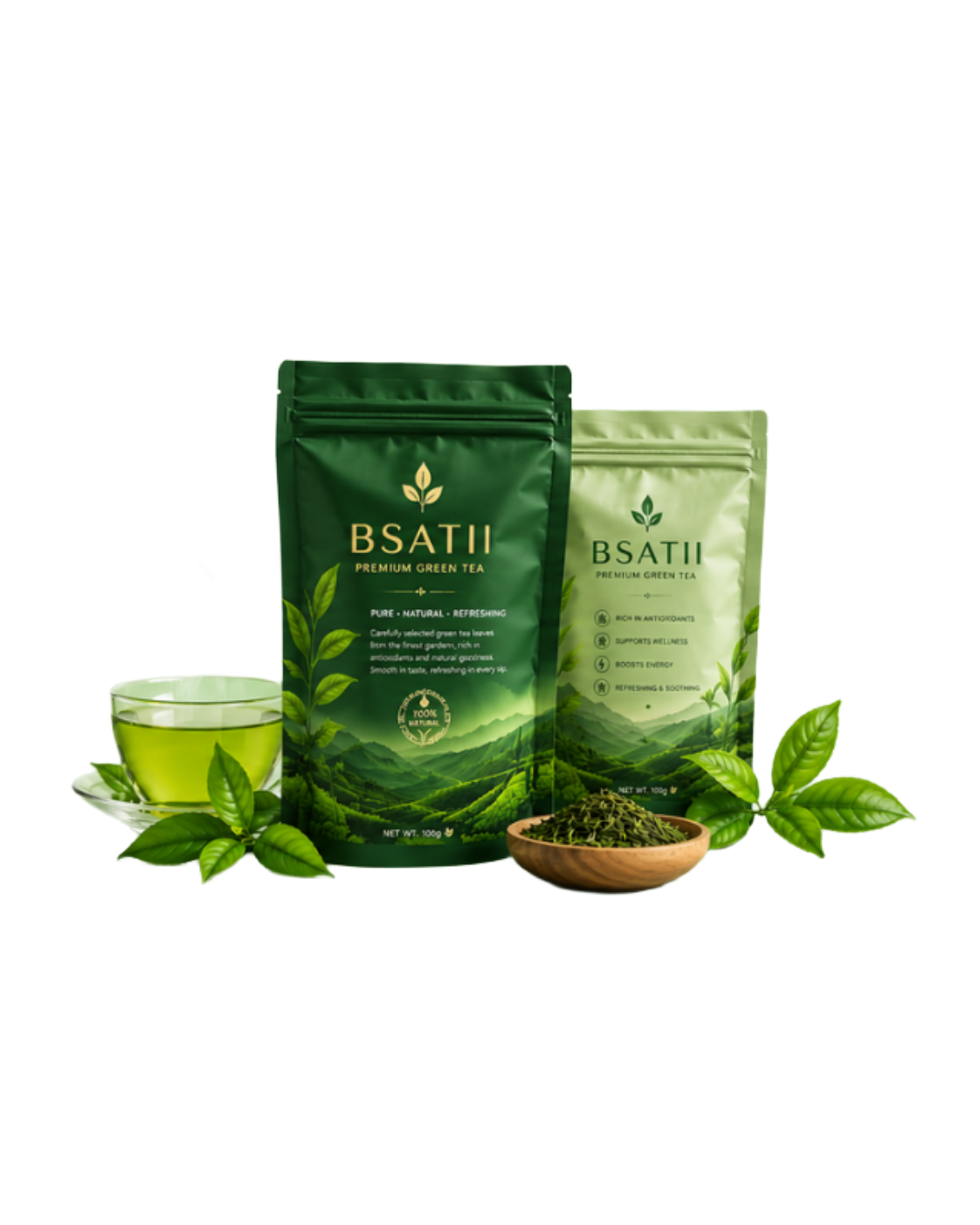 Green tea cup with leaves